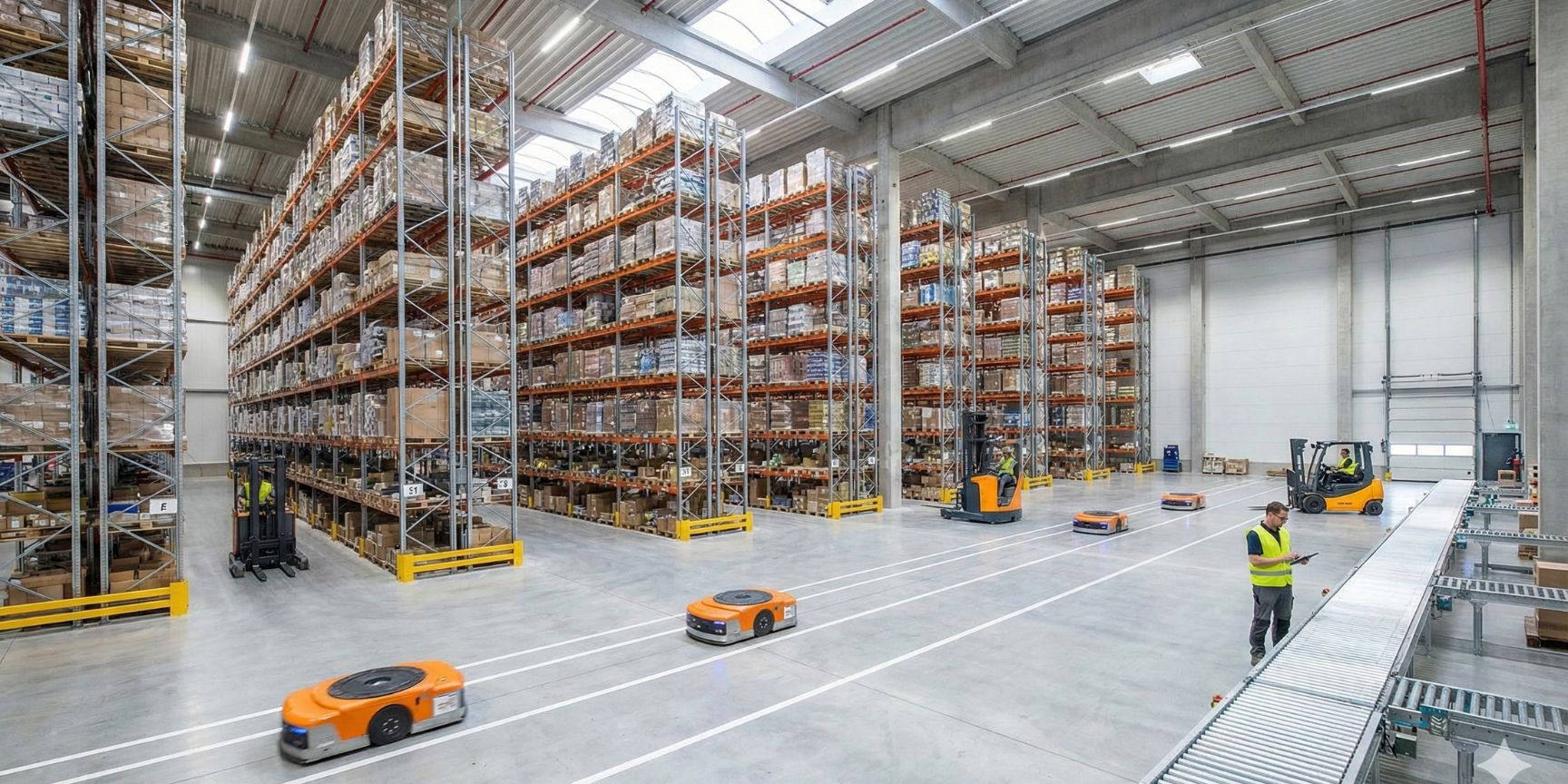 Innenansicht eines modernen Eigenlagers mit Hochregalen, fahrerlosen Transportsystemen (FTS) und Personal, das operative Exzellenz in der Lagerlogistik demonstriert.